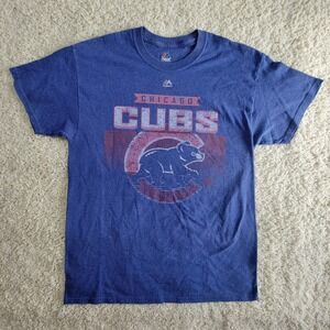 Majestic Chicago Cubs T-Shirt Graphic Tee Blue Distressed Logo Mens Large
